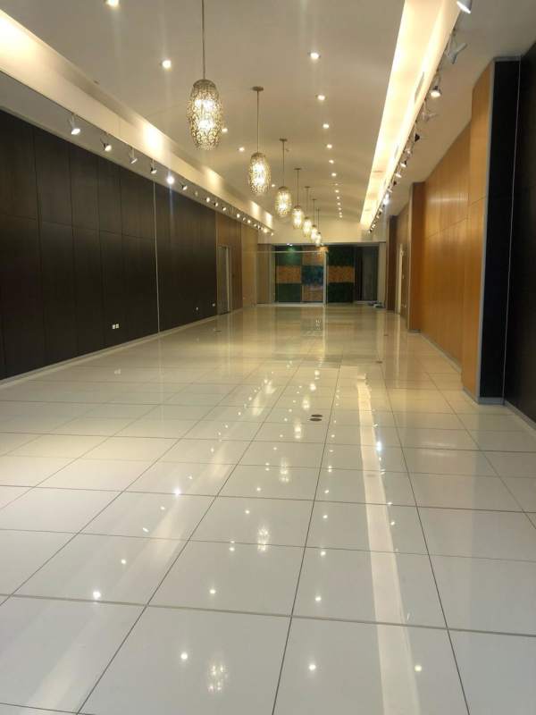 Panoramic windows and tiled showroom space Obarrio ground level plaza Panama