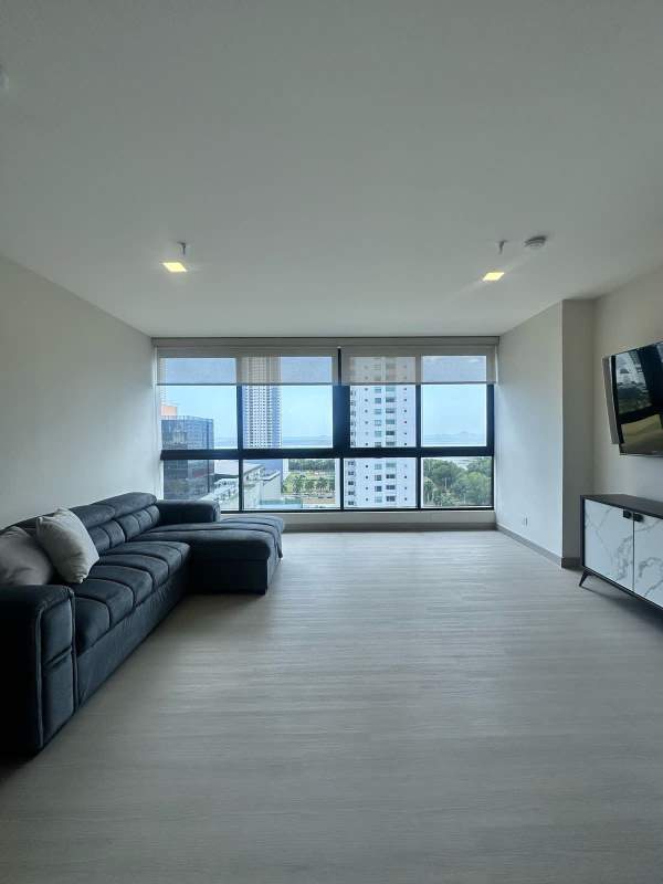 Modern living room with floor to ceiling windows city view PH Costa del Este Tower Panama