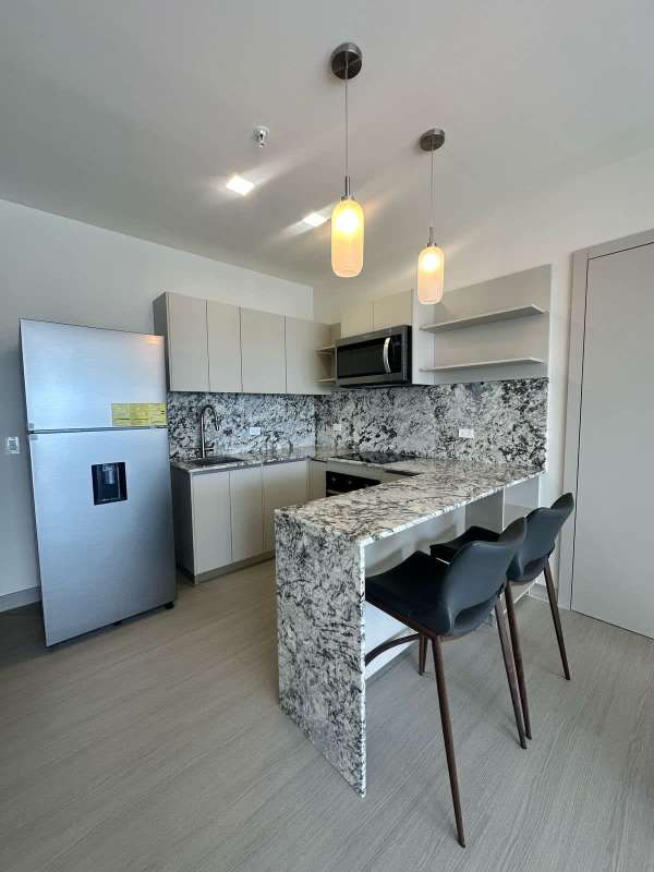 Contemporary kitchen with granite counters stainless appliances in PH Costa del Este Tower Panama City
