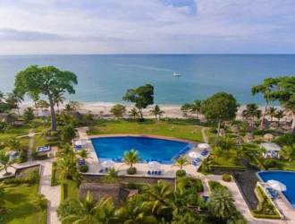 Aerial showing infinity pools, condo towers and beachfront at Bijao Panama