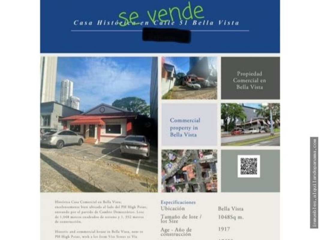 Commercial retail building with red awning, colonial facade, parking lot for sale Calle 50 Bella Vista Panama
