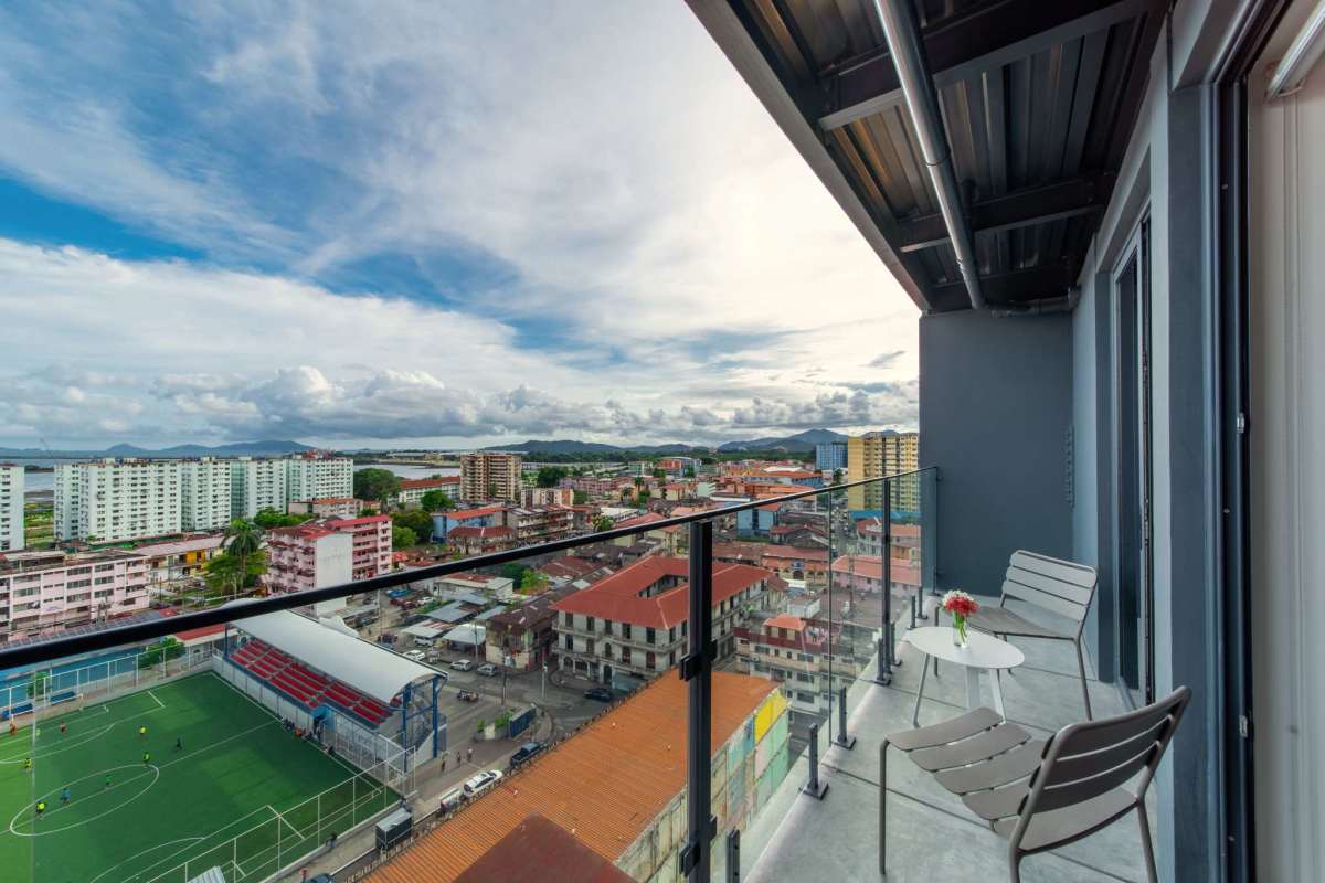 Balcony with glass railing overlooking the city Casco Viejo Panama