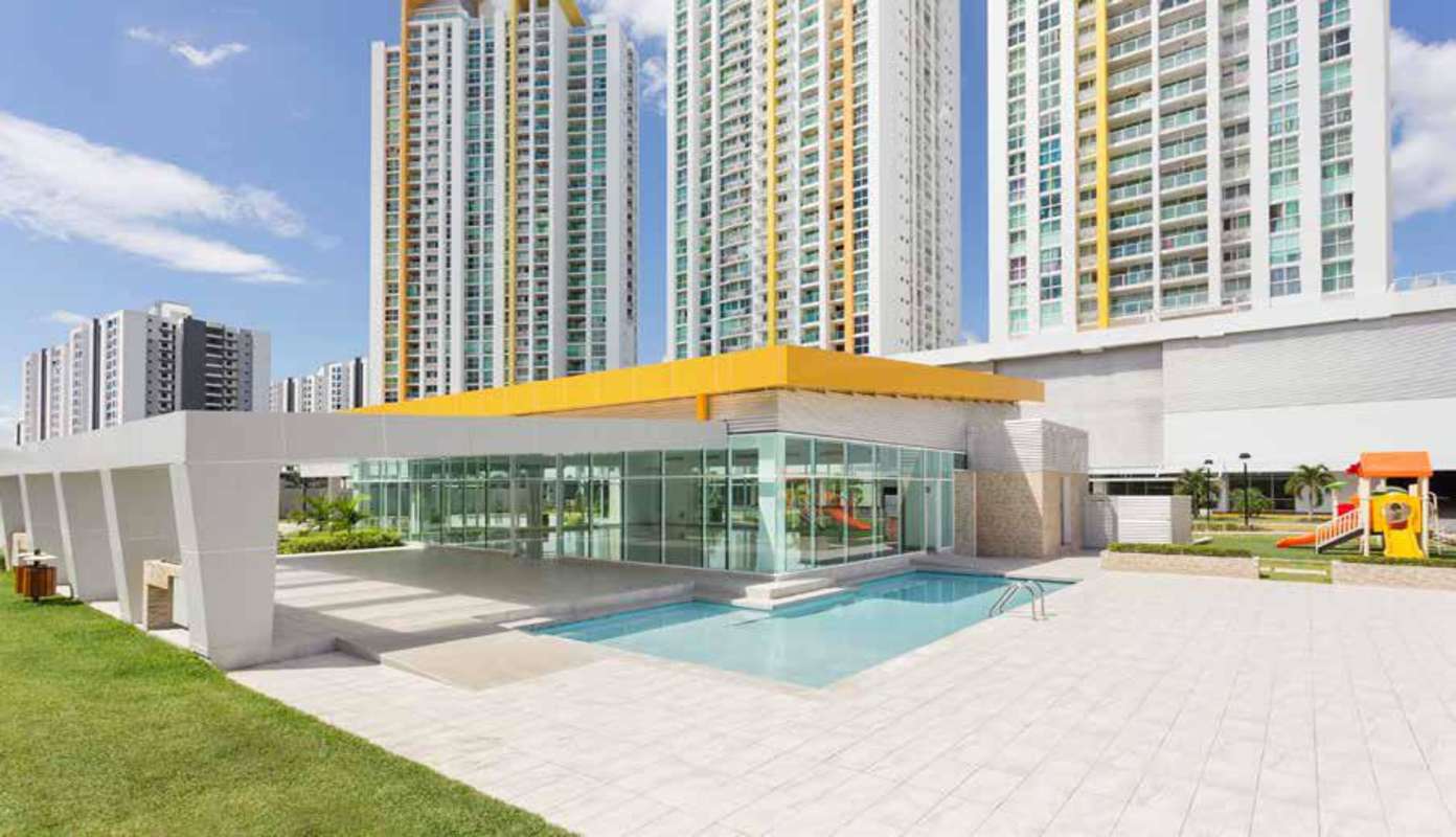 Aerial view of Kings Park Condado del Rey with pools, soccer, basketball courts, parks Panama City