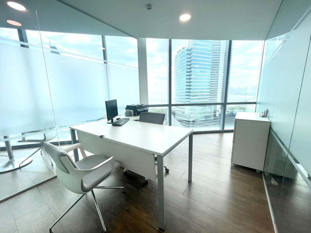 Modern corporate office with glass walls and city views Financial Park Costa del Este