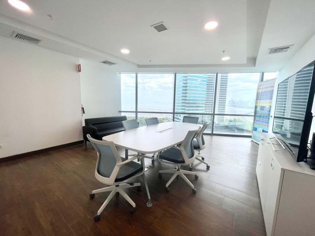 Modern conference room with large windows and city views in Financial Park Costa del Este Panama City