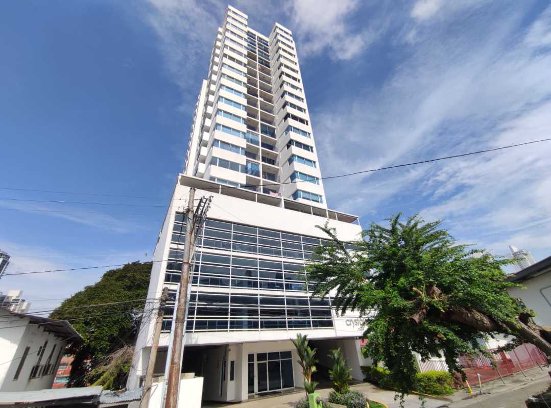 Modern high-rise facade of PH Cristal Blue with balconies in Hato Pintado Panama