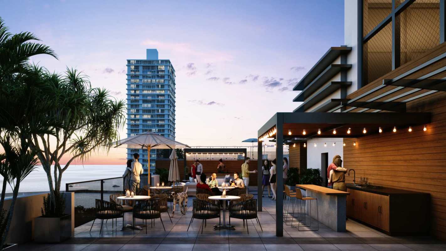 Modern rooftop lounge terrace with BBQ and ocean view at PH Sky Residence Panama