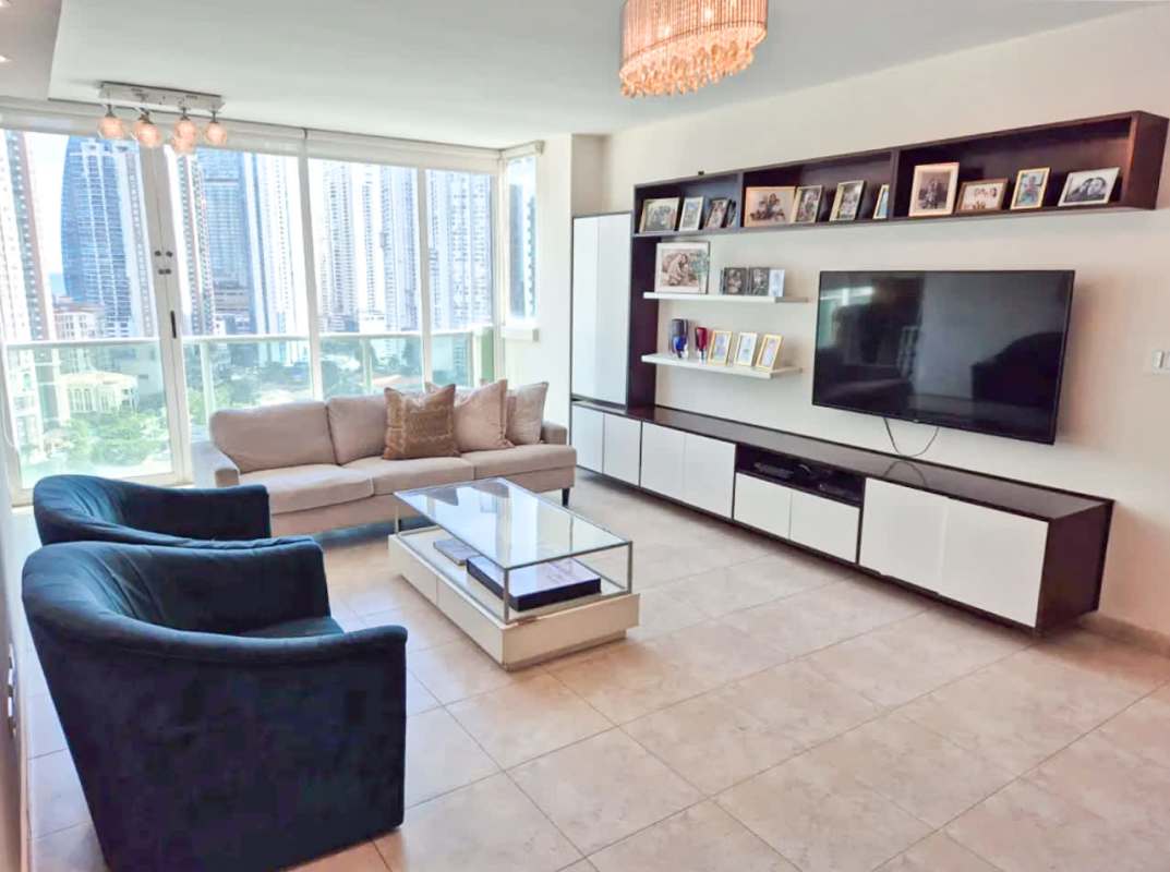 Spacious modern living room with city view window in PH Mystic Point Punta Pacifica Panama