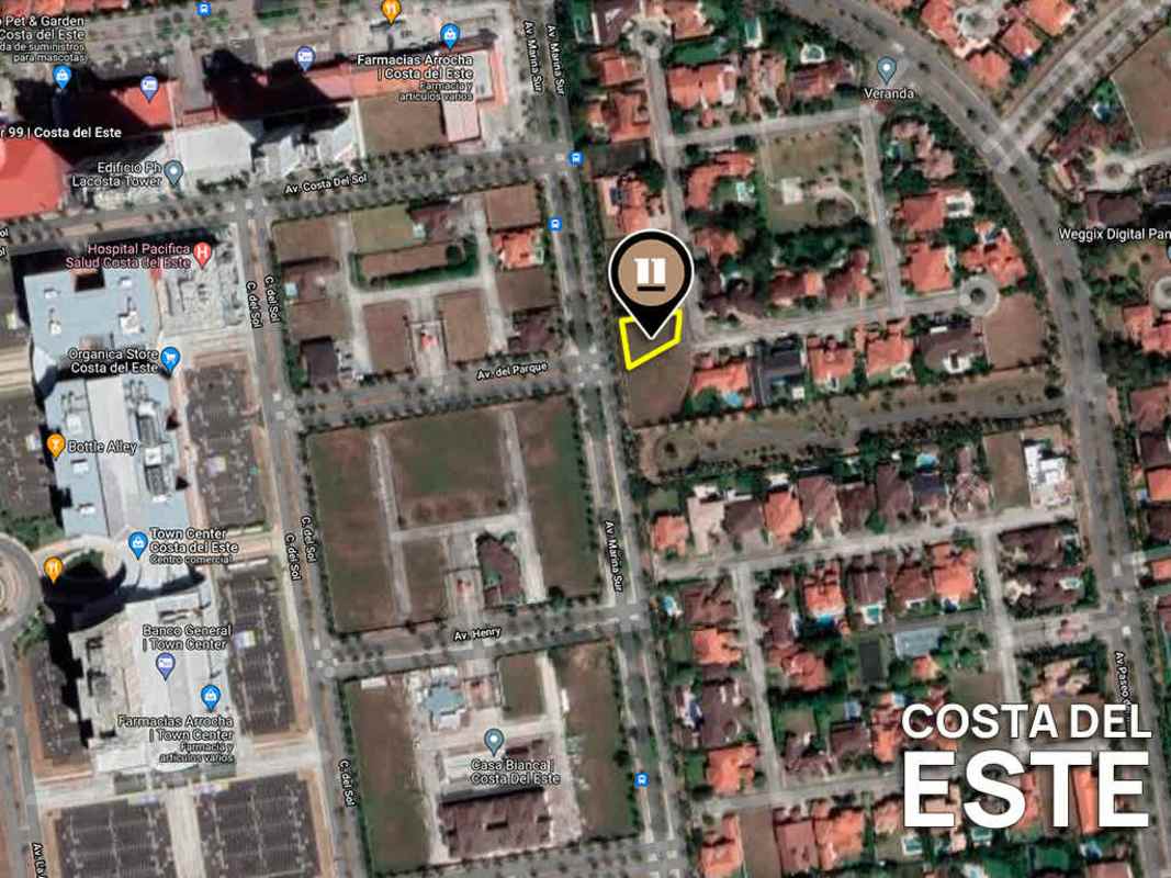 Satellite view of Costa del Este with neighborhoods, business towers and green parks, Panama City