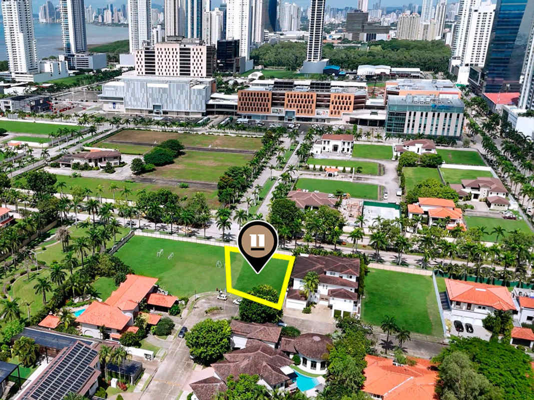 Aerial of large Santa María neighborhood Costa del Este with highlighted 1,117m2 residential lot for sale