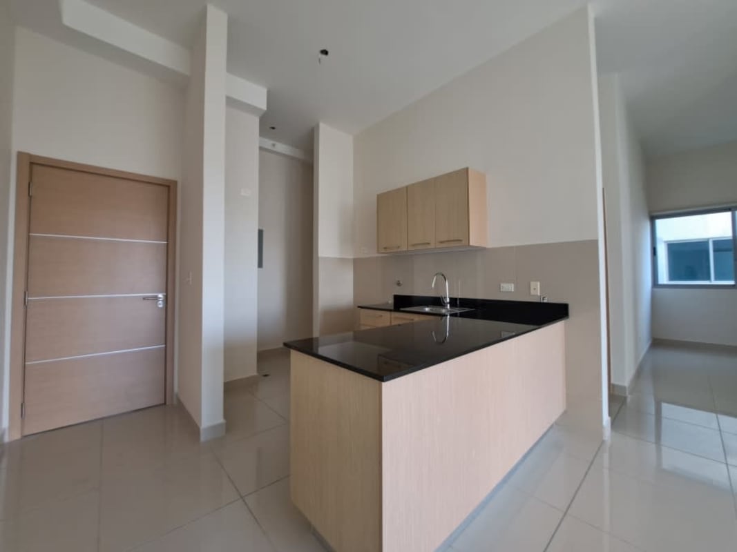 Modern granite countertop and wood cabinetry in kitchen PH Torres de Castilla Panama