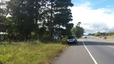 View of roadside vegetation and lot for sale with trees and sky along highway in Boquete Panama