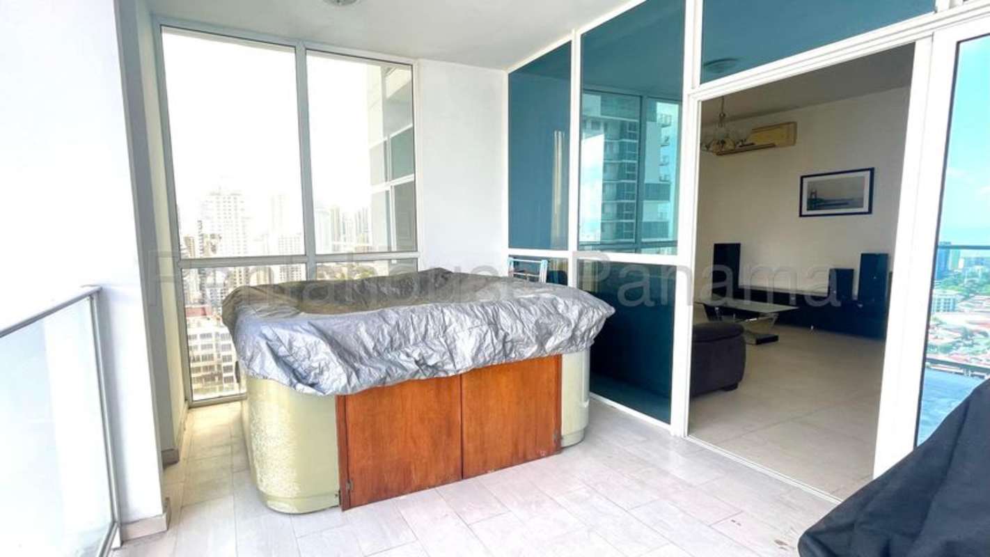 Large terrace balcony with jacuzzi hot tub city skyline PH San Francisco Bay Panama