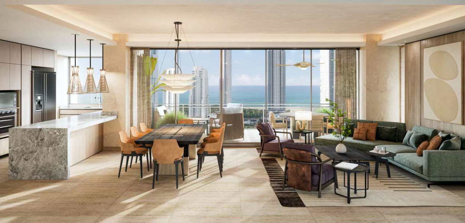 Modern kitchen with marble island ocean view in luxury Costa del Este apartment