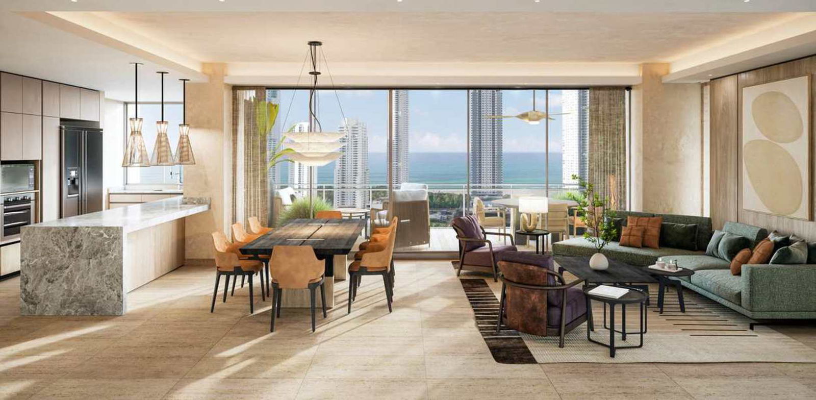 Modern apartment living area with ocean view balcony in PH Madero Costa del Este