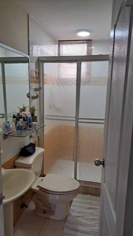 Modern bathroom with frosted glass shower, large mirror, neutral tones in PH Mc Gregor Valley Clayton Panama