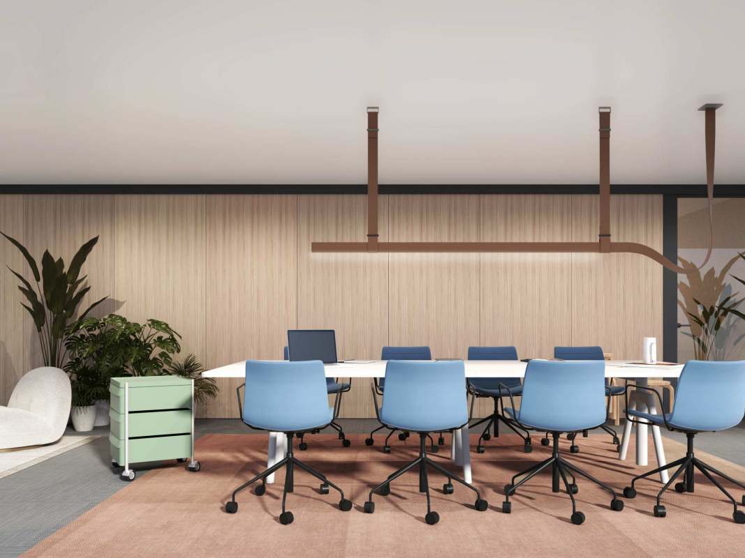 Modern conference room blue chairs large table lobby PH Nook Avenida Balboa Panama