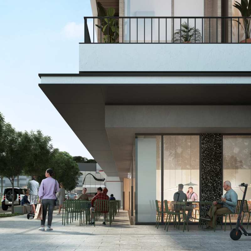 Contemporary apartment building outdoor cafe balcony plants PH Nook Bella Vista Panama