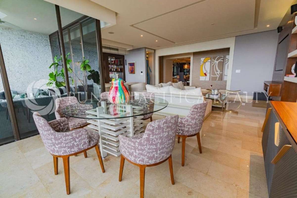 Stylish balcony attached to living room with oceanfront views in PH Panama Bay Costa del Este Panama City