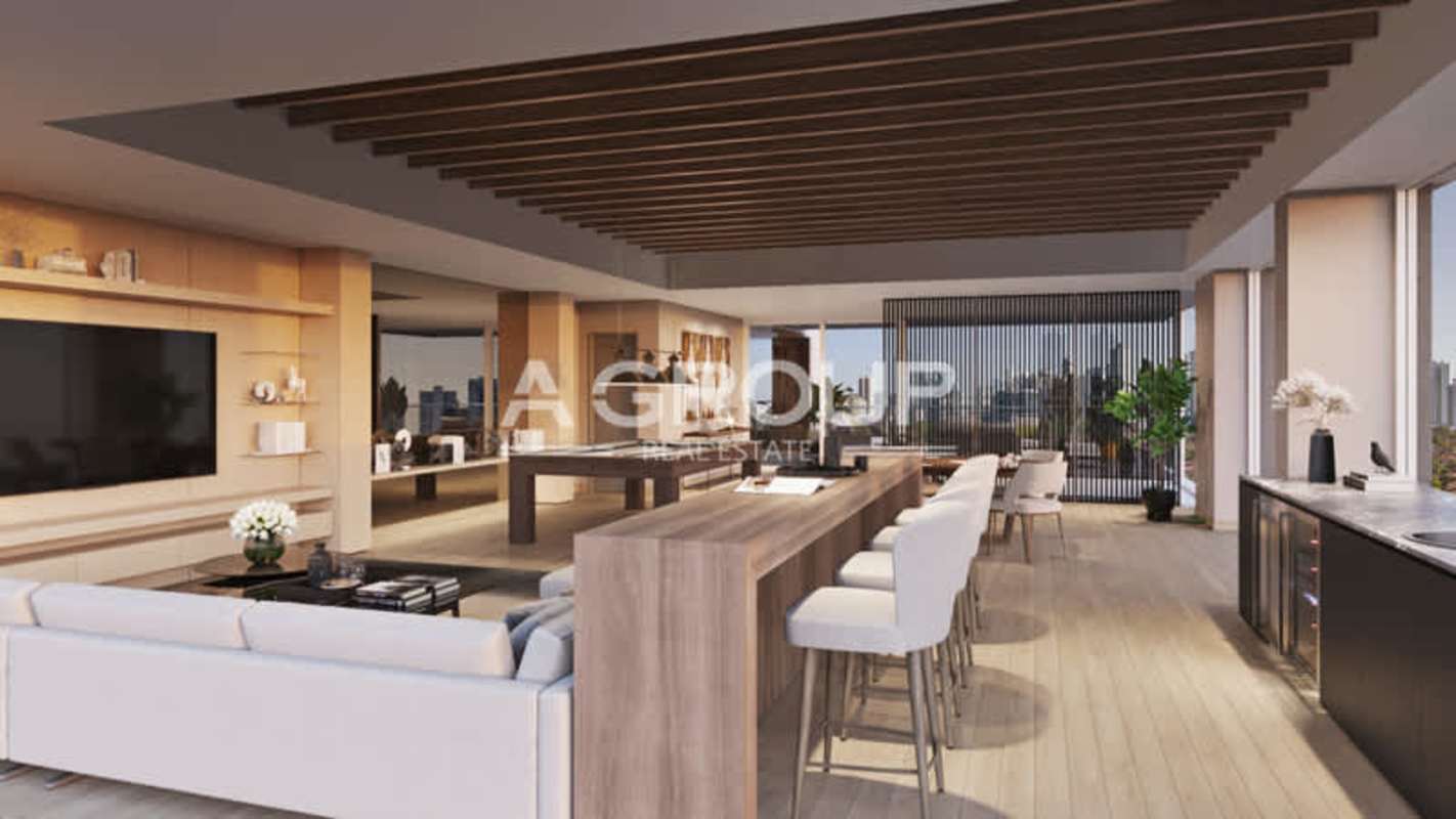 Bright living and dining area with skyline views modern finishes in PH Celeste Santa Maria Panama