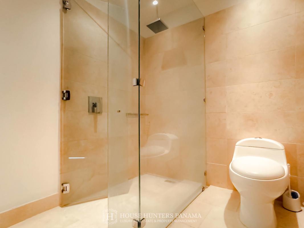 Private balcony with oceanfront skyline view in luxury condo at The Ocean Club in Punta Pacifica Panama