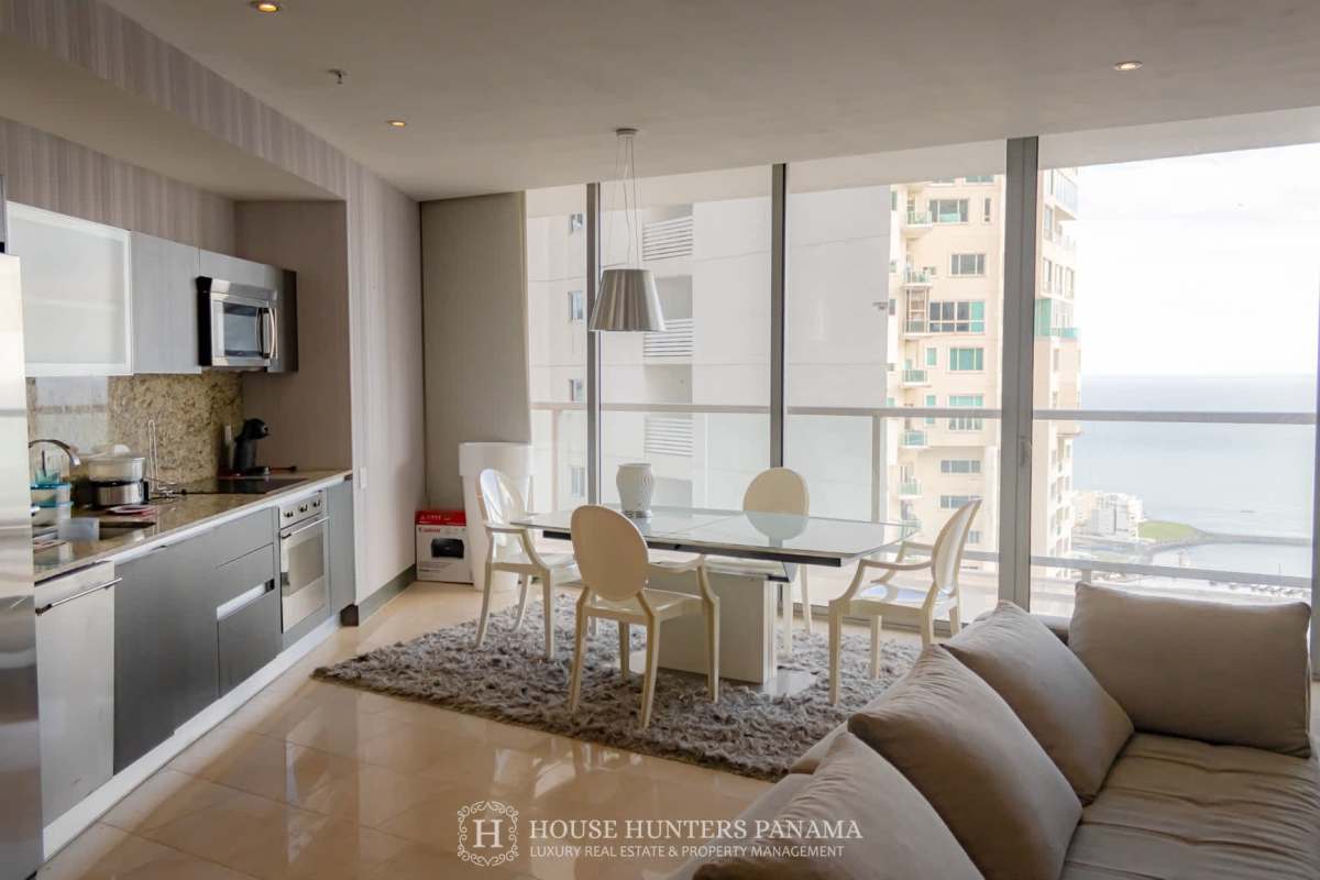 Modern open kitchen with granite counters in luxury condo Punta Pacifica