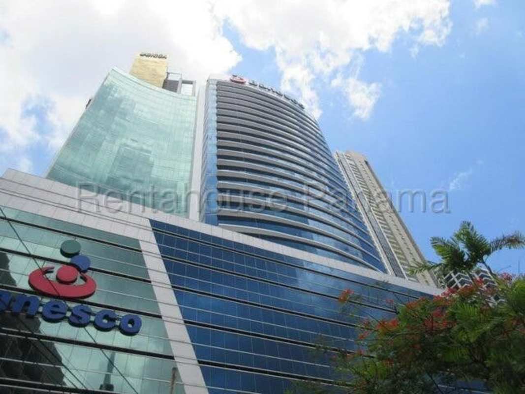 Glass office partitions and polished stone hallway Ocean Business Plaza Panama