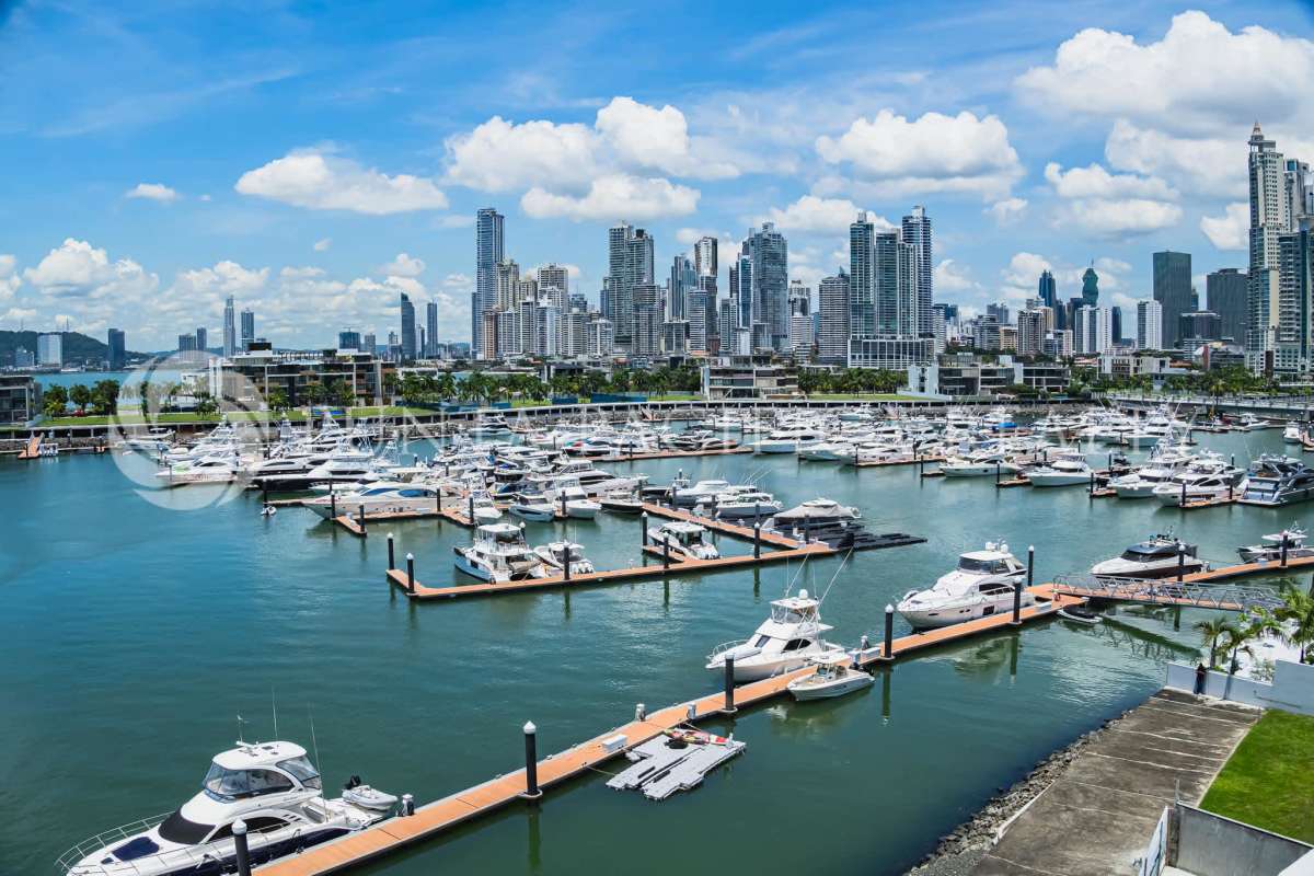 Private marina with yachts set before Panama City skyline Ocean Reef Islands