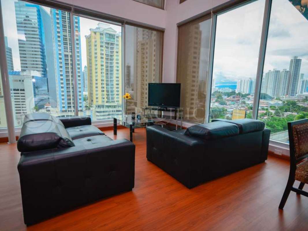 Modern bathroom double sinks wood accents glass shower PH Loft 4-41 Panama City