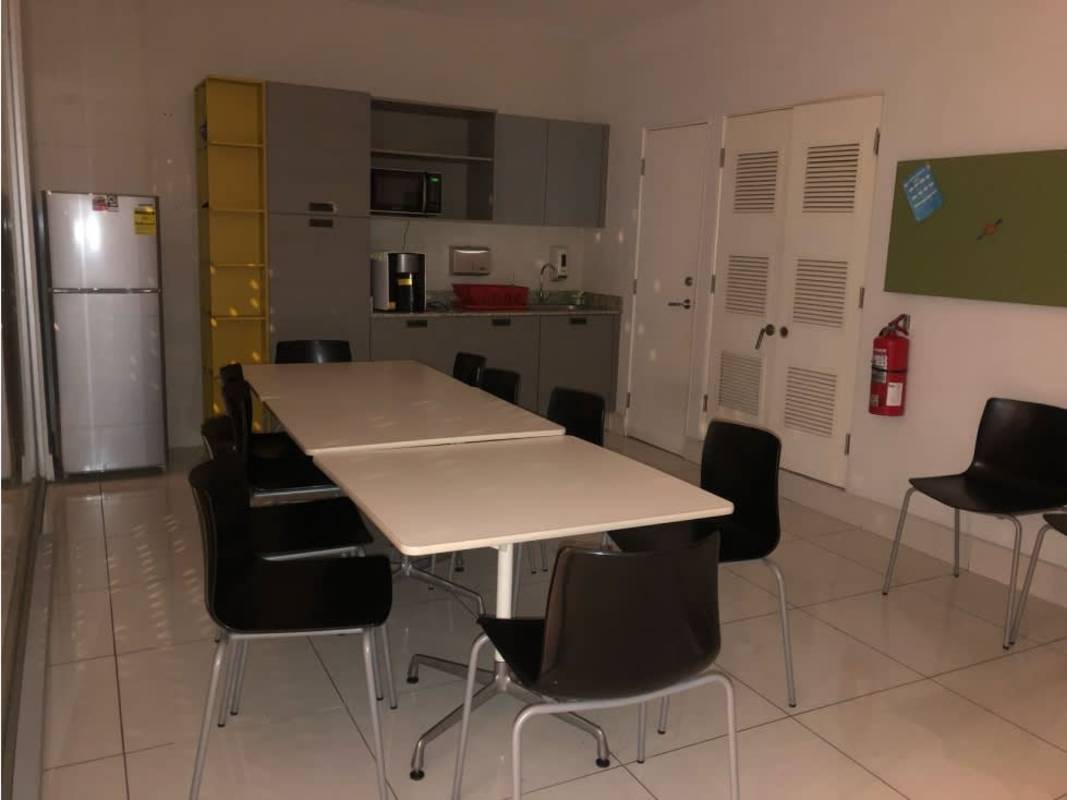 Communal kitchenette with appliances, dining tables and chairs in PH Obarrio Business Center Panama