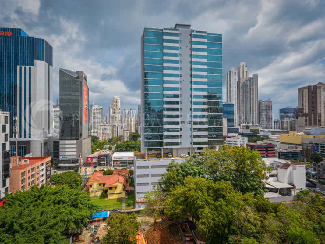 View from high-rise PH Torre Cosmos balcony overlooking Obarrio financial district skyline Panama City Panama