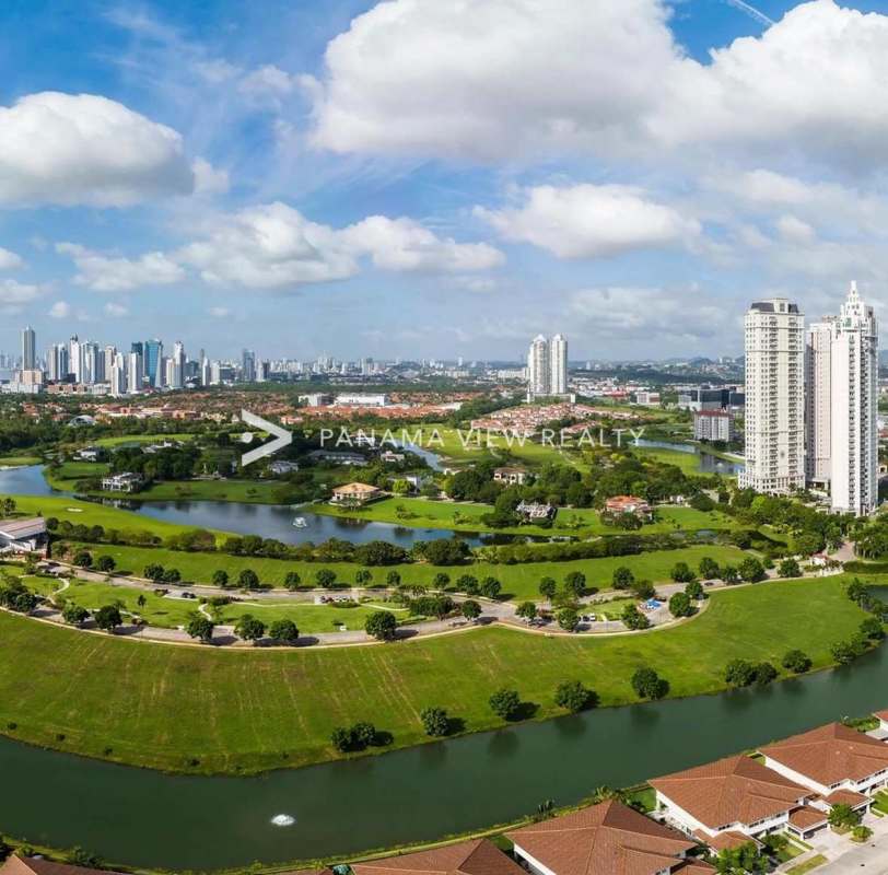 Aerial view luxury golf community with lakes Peninsula Estates Santa Maria Panama