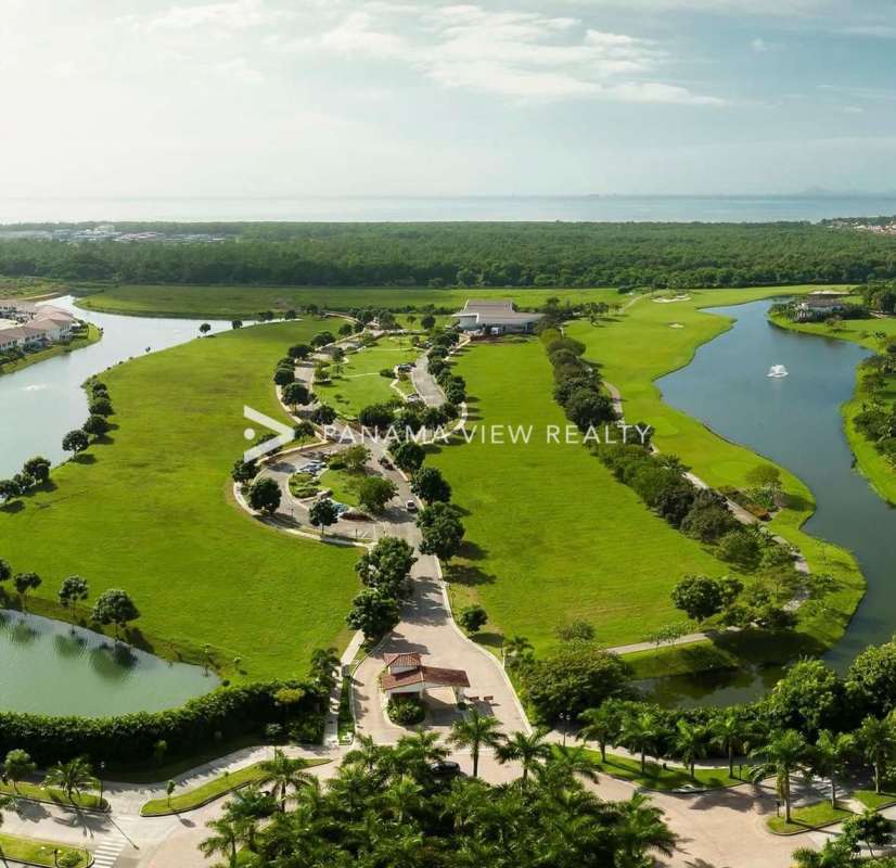 Aerial landscape of championship golf course lakes greenery at Santa Maria