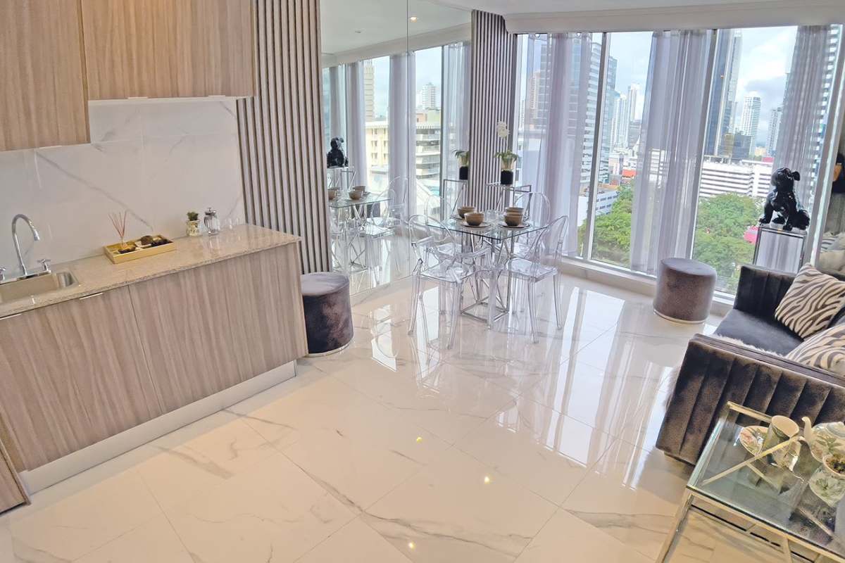 Modern open kitchen with dining space in PH Amazona Bella Vista Panama City