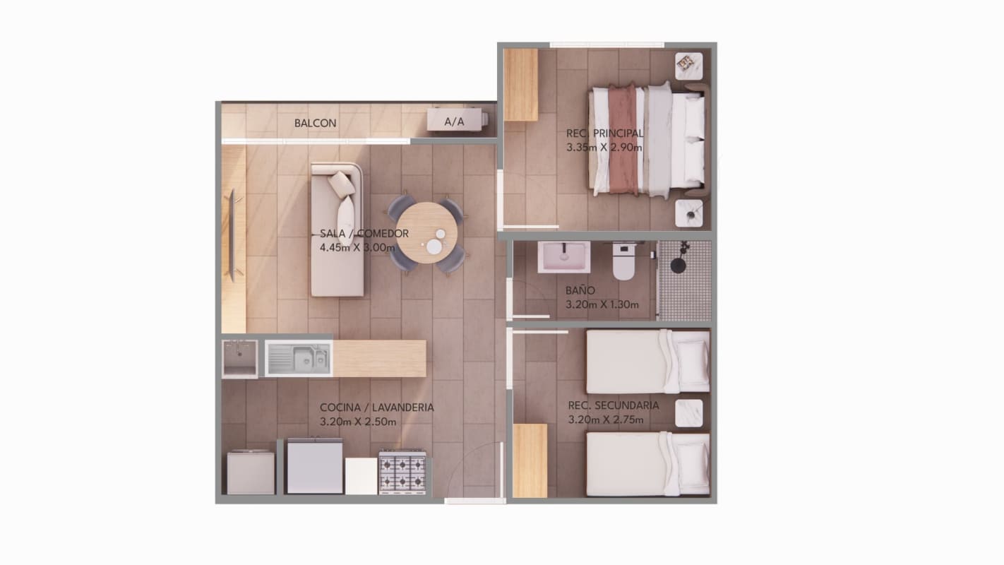 Apartment floor plan with 2 bedrooms living dining balcony and bath Ciudad Radial Juan Díaz Panama