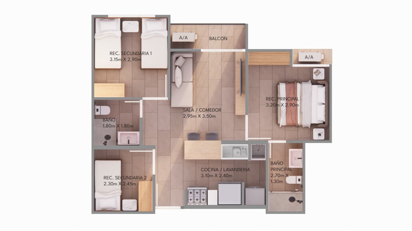 Floor plan showing 3 bedrooms, 2 bathrooms, balcony and living-dining Ciudad Radial Panama