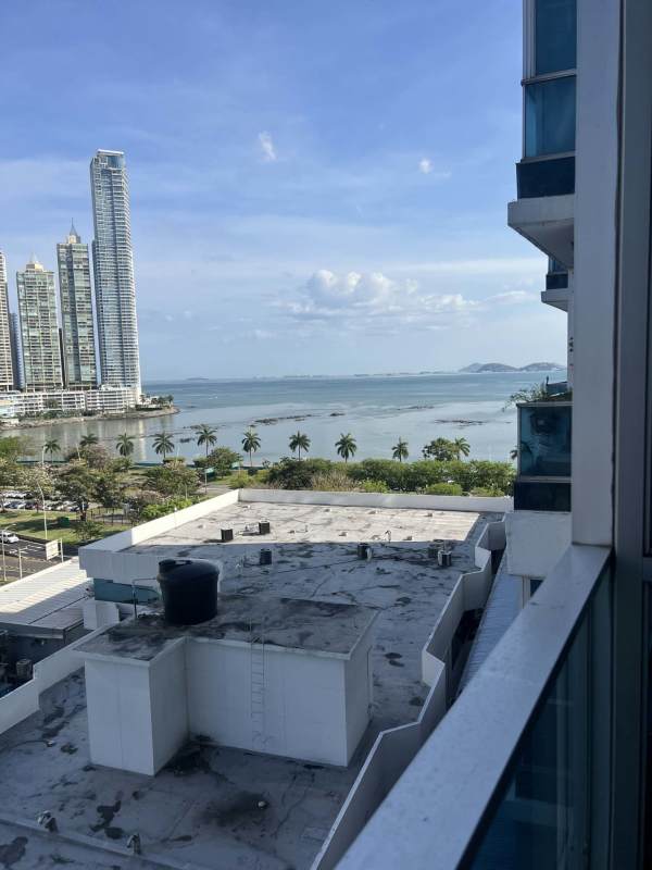 Private balcony overlooking Pacific Ocean and city skyline PH Bayfront Tower Panama