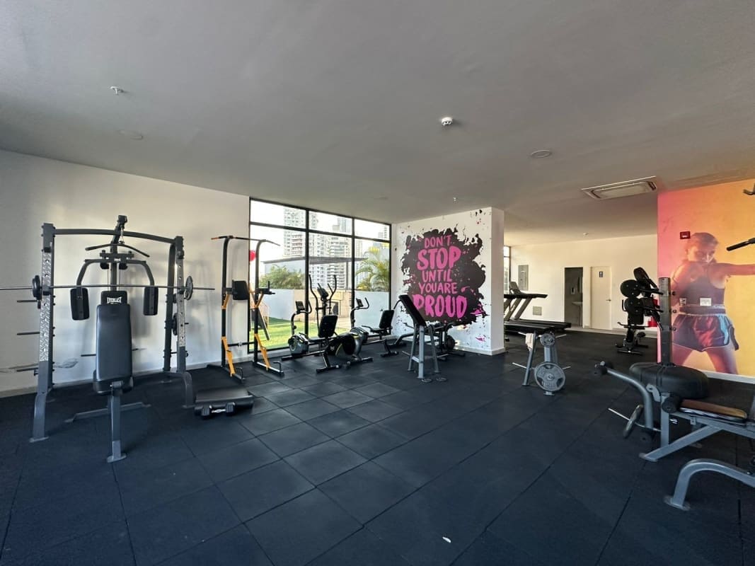 Modern gym with equipment and skyline views at PH Costa Pacifica Panama
