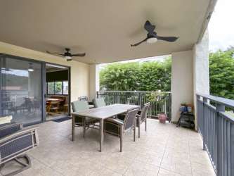 Covered patio with dining space ceiling fan tile floor River Valley Panama