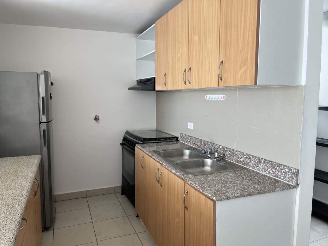Contemporary kitchen with wood cabinets, double sink, stove, refrigerator in PH Central Park Panama