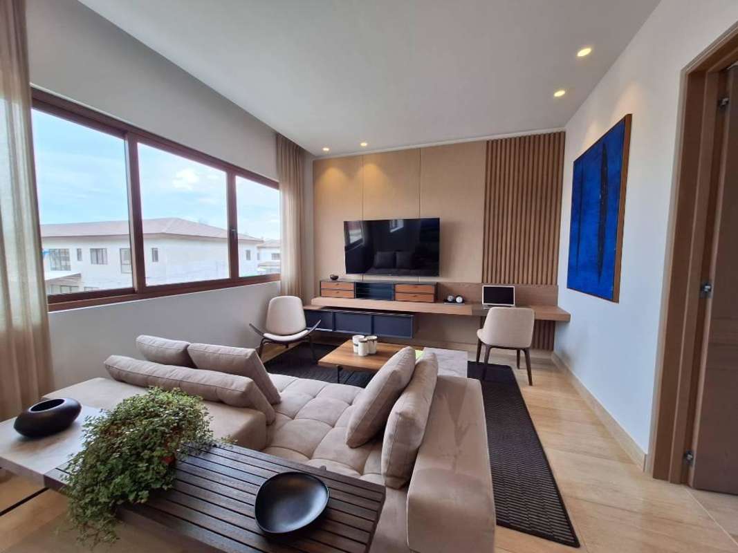 Modern gourmet kitchen with marble counters, island, high-end appliances in Santa María Panama