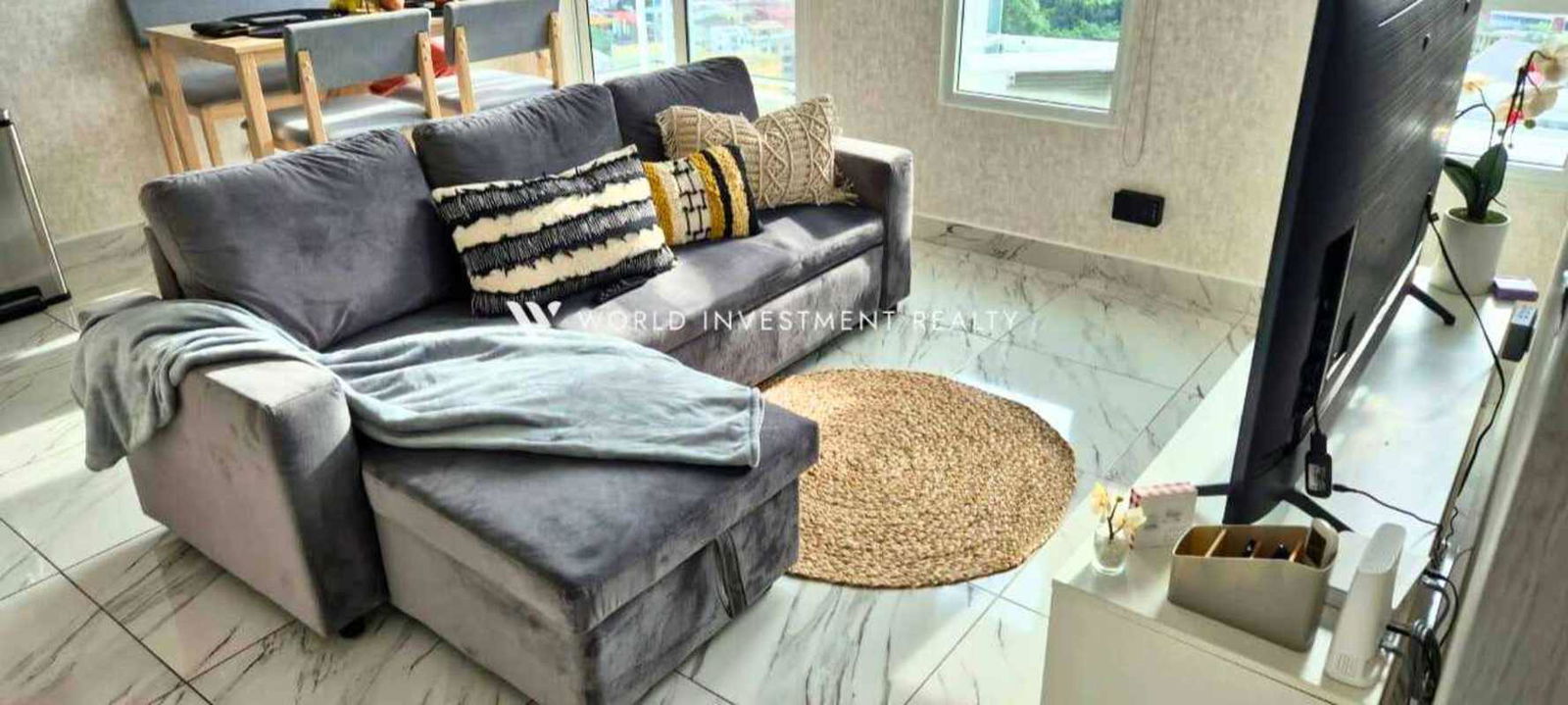 Bathroom with marble tile, modern vanity and walk-in shower PH El Botánico Panama