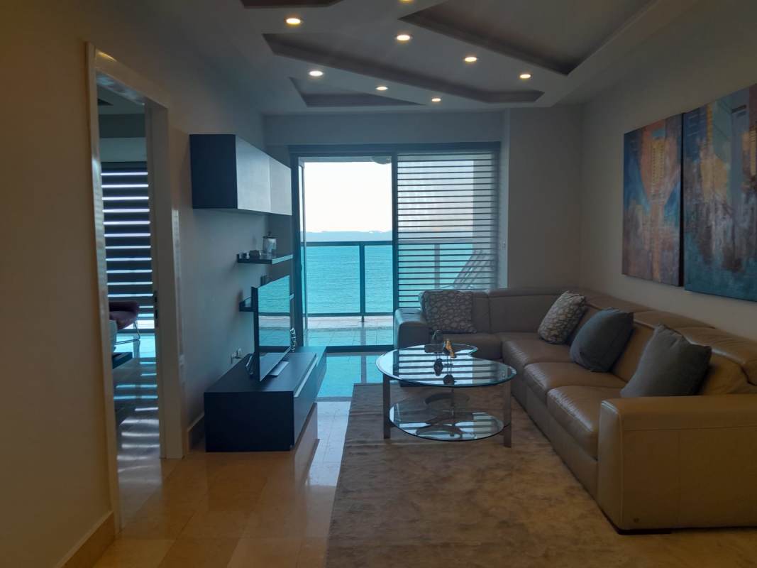 Large oceanview balcony with sweeping skyline and Pacific vistas at Yoo Panama condo