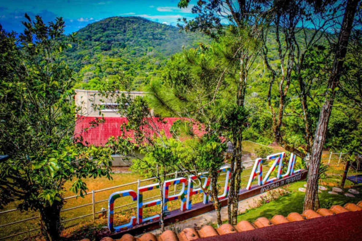 Open plan rustic dining and bar with greenery and lounge at Eco Lodge Cerro Azul Panama