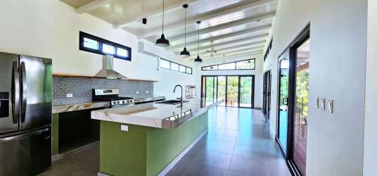 Bright kitchen with quartz island, stainless appliances, vaulted ceilings in Pedasí Panama house