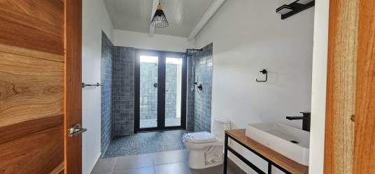 Contemporary bathroom with vessel sink, blue-gray walk-in shower and wood accents Pedasí home