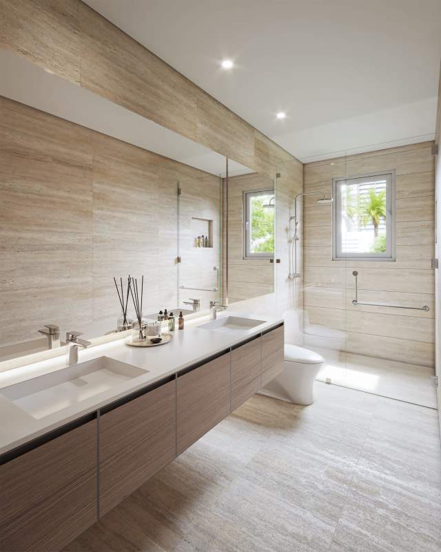 Modern bathroom with double sinks, glass-enclosed shower in duplex home at The Woods Santa Maria Panama City