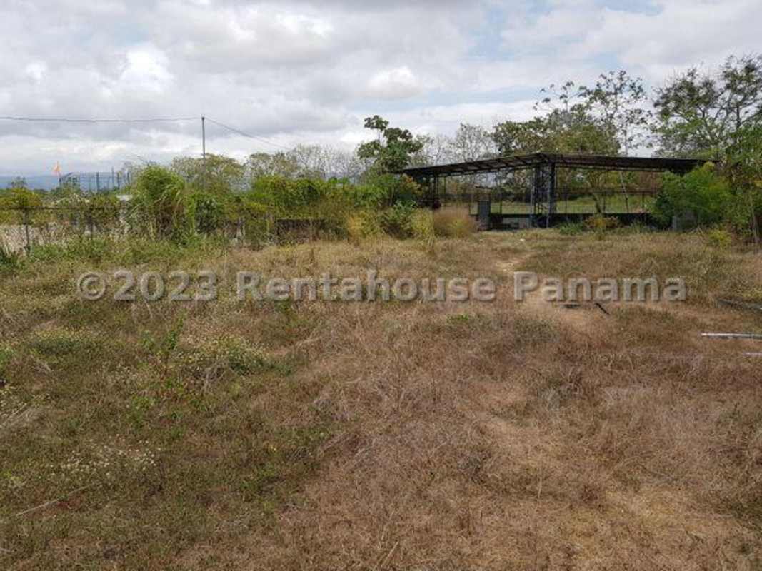 Suburban fenced lot roadside power lines overgrown land Panama