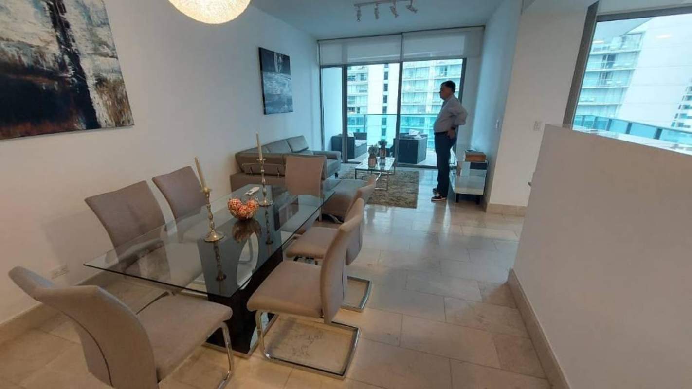 Modern bathroom with glass shower marble tiling PH Grand Tower Punta Pacifica Panama