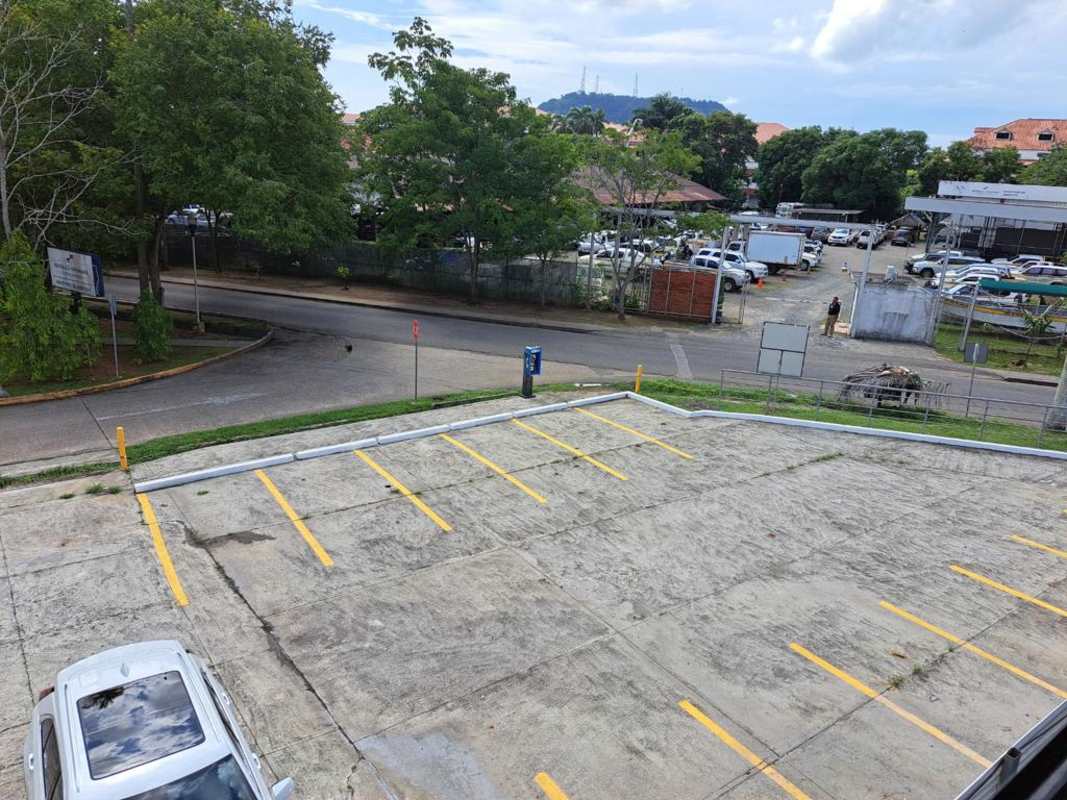 Spacious parking lot with marked spaces, surrounded by trees and adjacent office buildings in Albrook Panama
